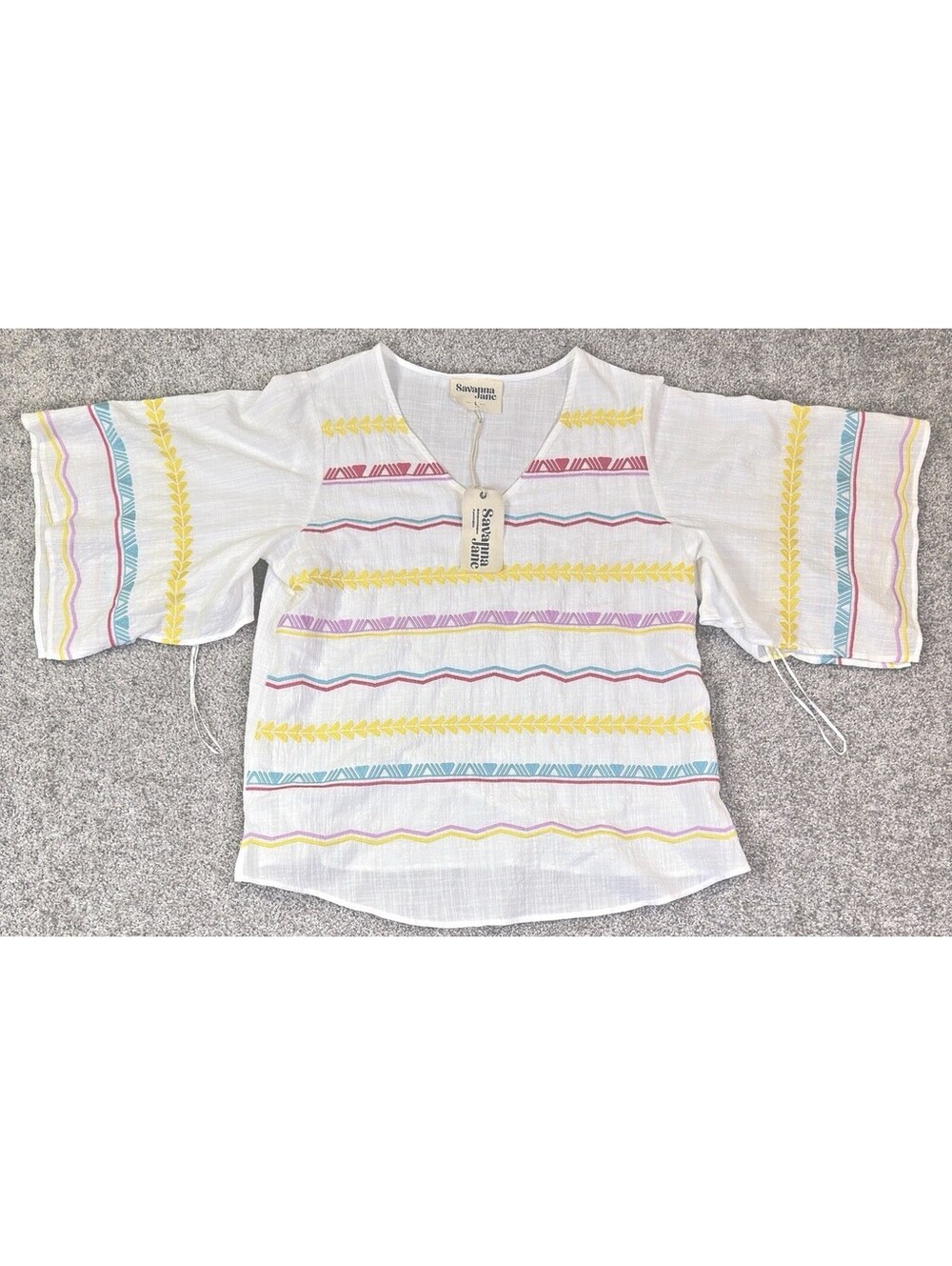 Savanna Jane Blouse Womens L White Embroidered Boho Peasant Short Kimono Sleeve